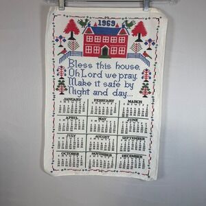 1969 Calendar Tea Towel Bless This House Folk Art Red House‎